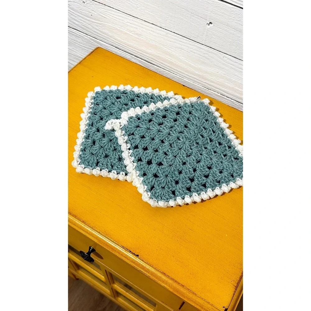 Handmade Crochet Pot Holders Set of 2 Granny Square Teal Green Cottagecore